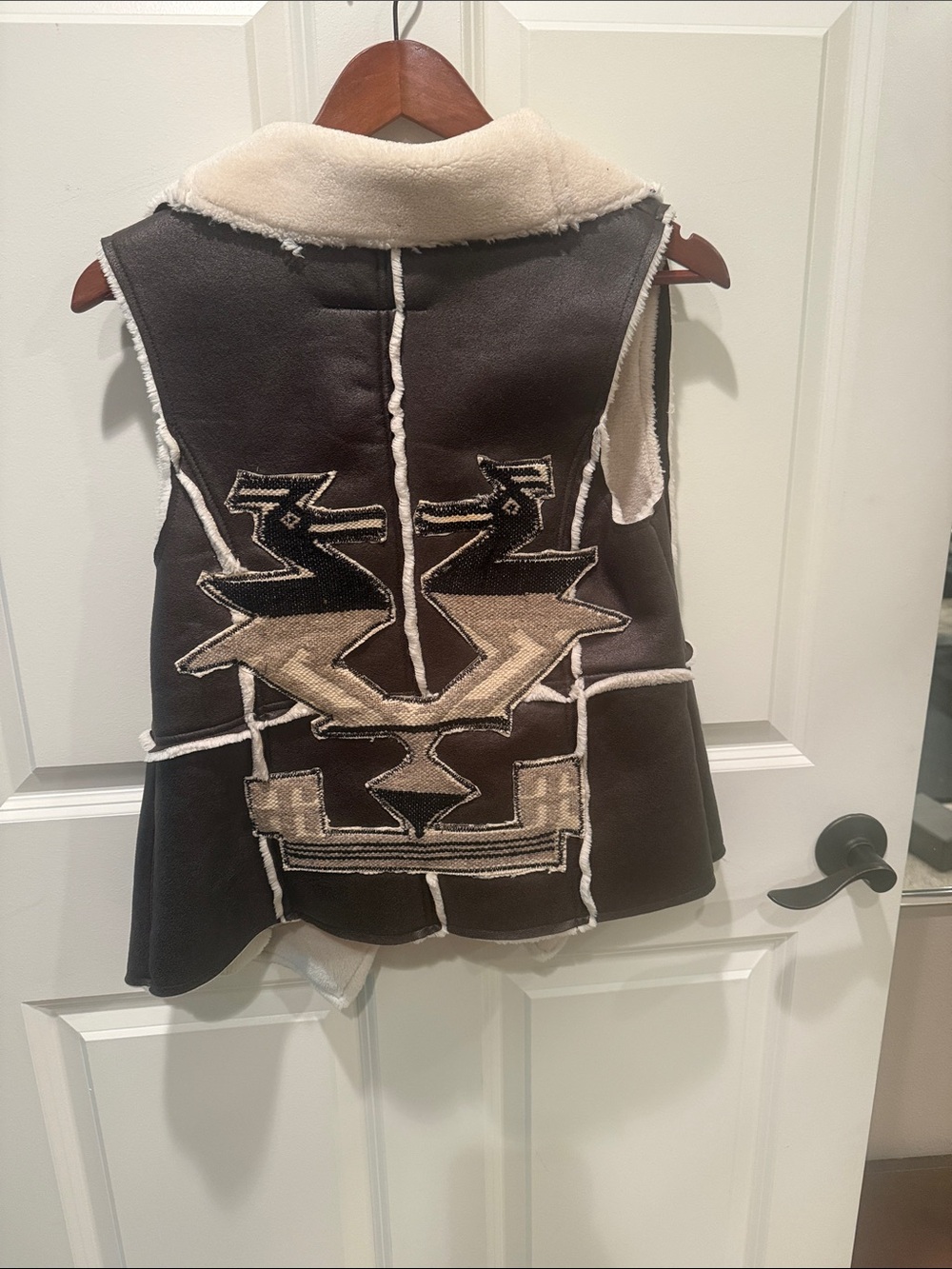 One of a kind pleather fur lined choc brown En Creme vest size small upcycled